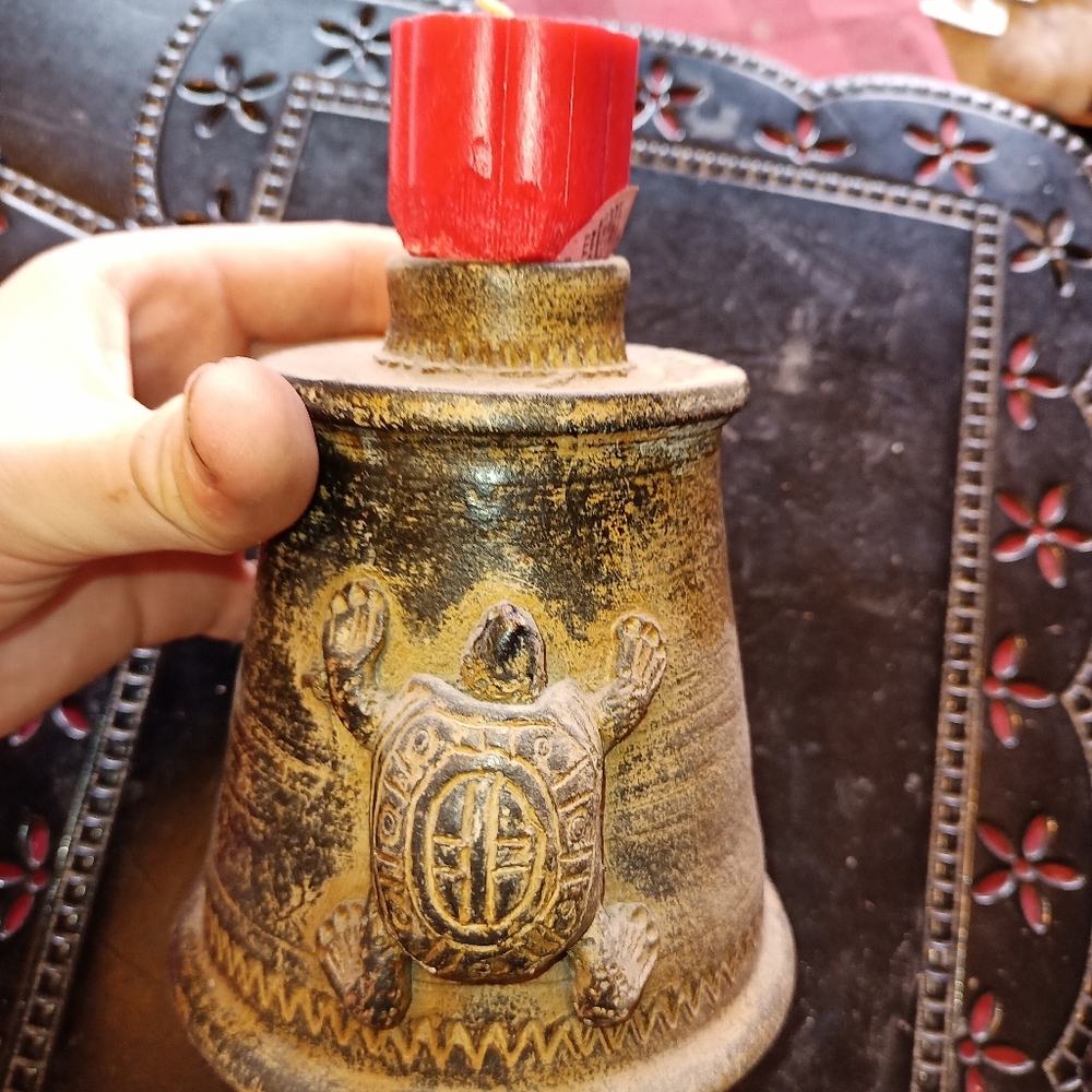 Vintage ceramic candle holder with turtle design made in Thailand